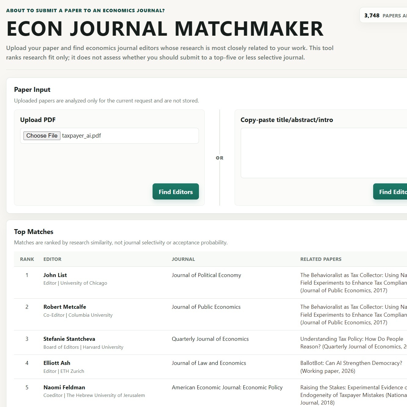 Screenshot of the Econ Journal Matchmaker tool
